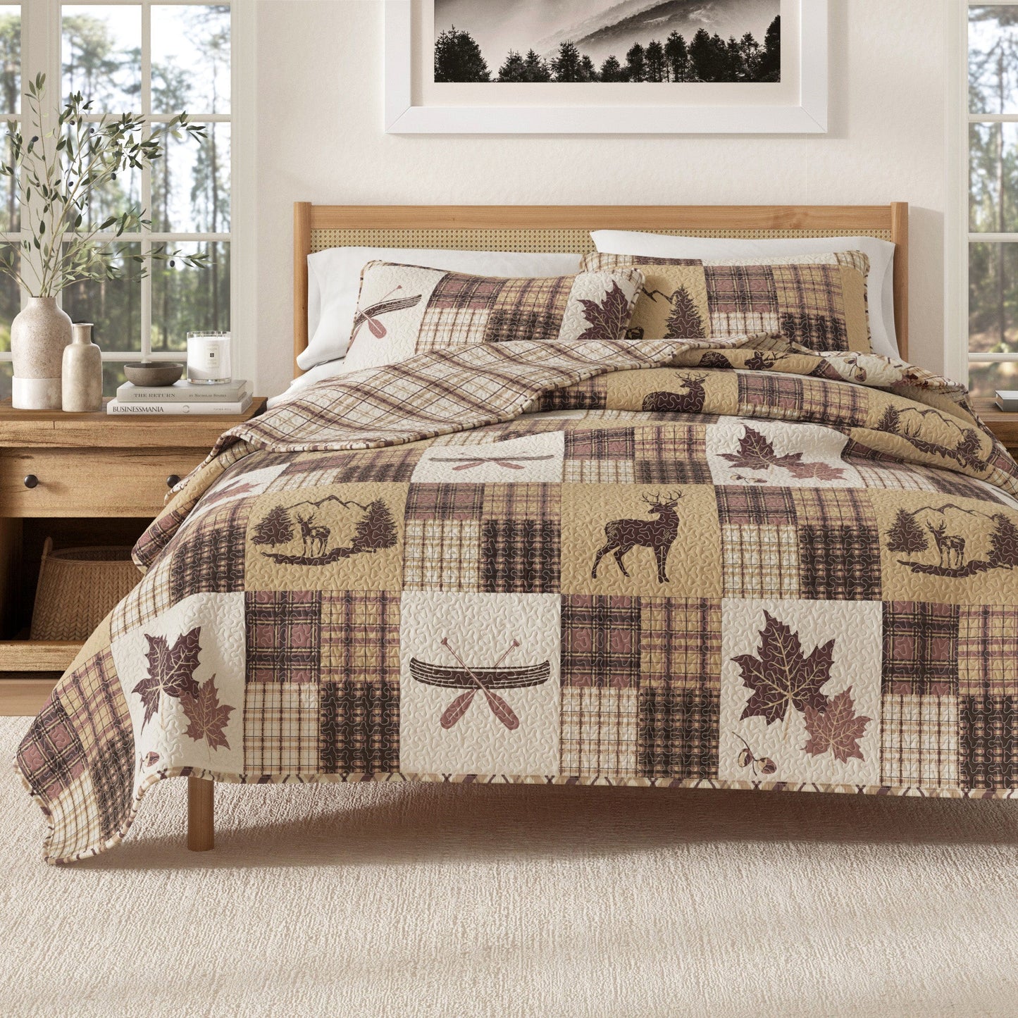 Cozy Cabin Quilt Set Featuring Deer and Trees