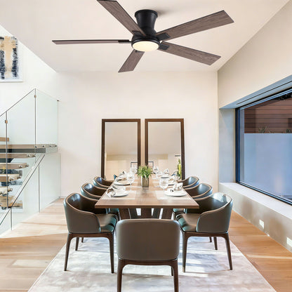 6-blade dark wood LED ceiling fan with light, flush mount, reversible quiet motor on Tampa Home & Garden Store