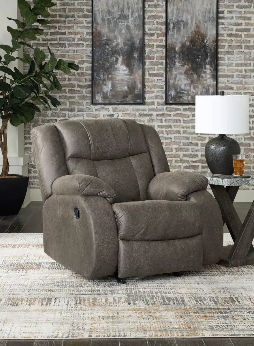 First Base Gunmetal Rocker Recliner by Unique Piece Furniture, plush gray fabric on Tampa Home & Garden Store