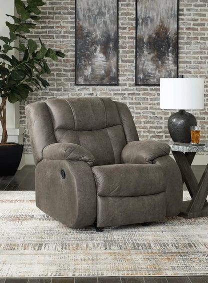 First Base Gunmetal Rocker Recliner by Unique Piece Furniture, plush gray fabric on Tampa Home & Garden Store