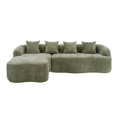 Modular L-Shape Sectional Sofa with curved chaise in olive green velvet, five cushions on Tampa Home & Garden Store