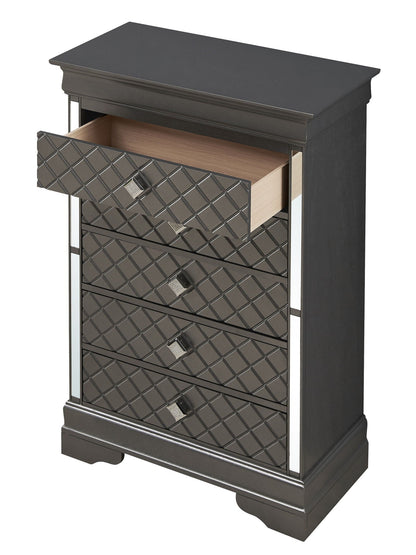 Embossed X Design Accent Chest with Crystal Pulls, dark gray finish, diamond-pattern front on Tampa Home & Garden Store