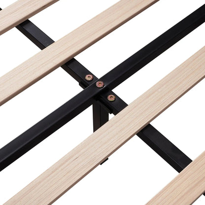 Upholstered platform bed frame with natural wood slats and black metal supports on Tampa Home & Garden Store