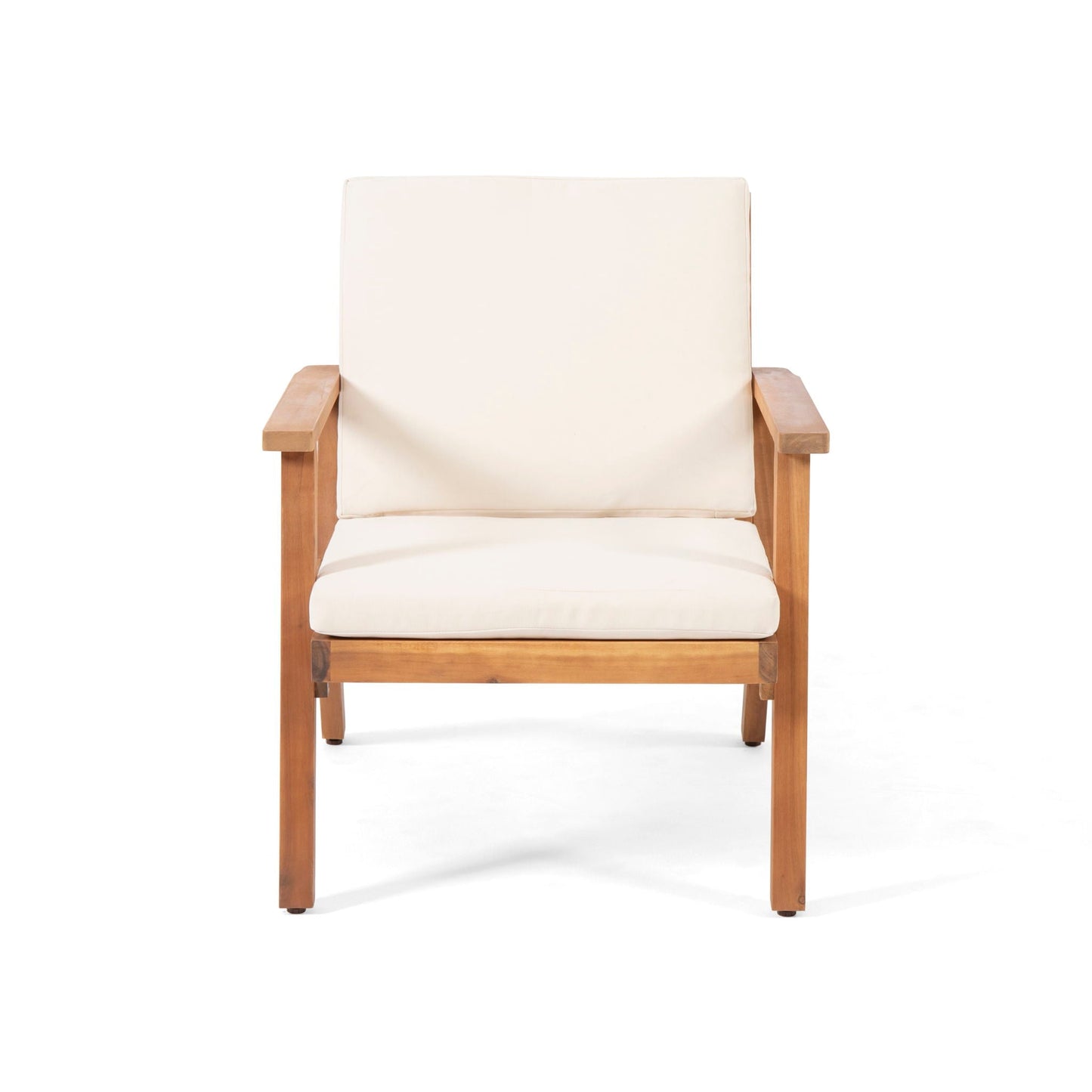 Outdoor Club Chair with Cushion by HouseOfZazla, beige cushions, natural wood frame on Tampa Home & Garden Store