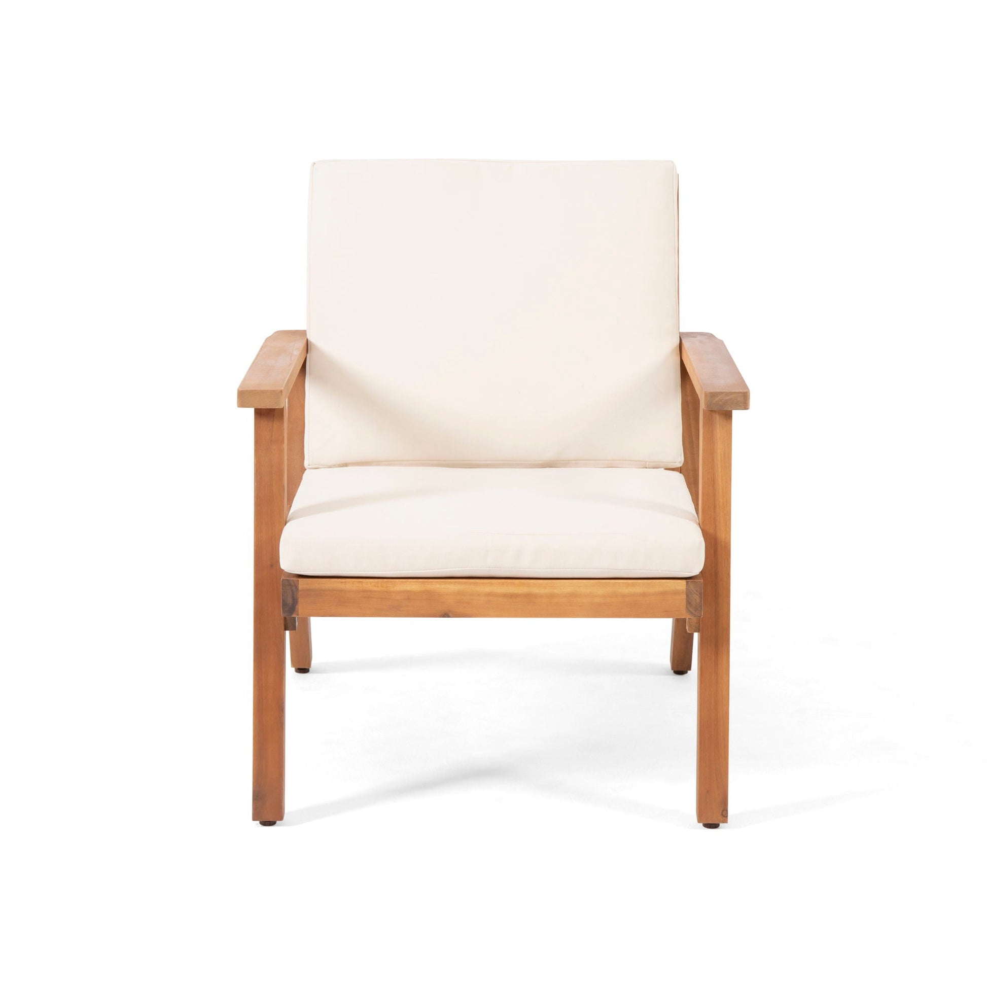 Outdoor Club Chair with Cushion by HouseOfZazla, beige cushions, natural wood frame on Tampa Home & Garden Store