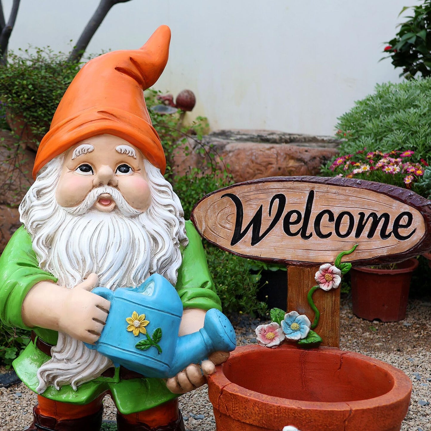 Welcome Outdoor Gnome and Flower Pot Planter