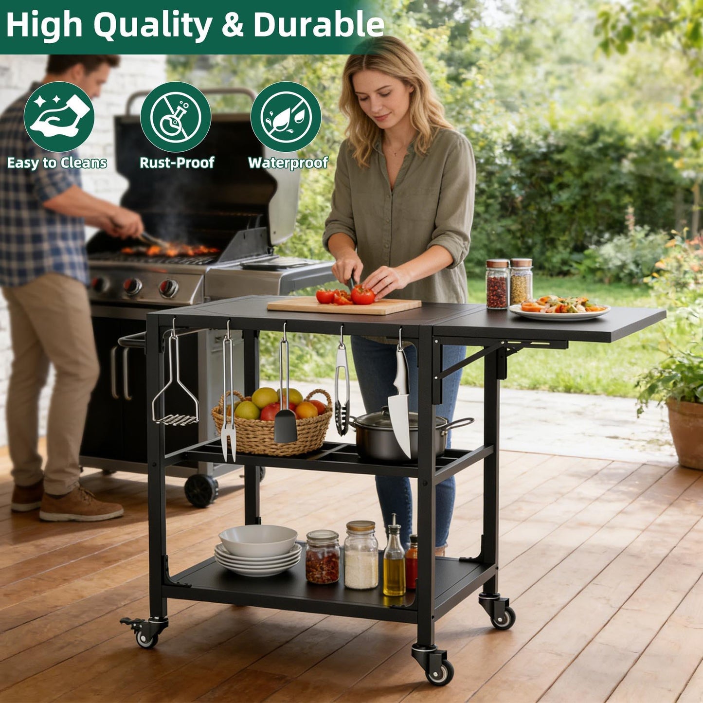 Outdoor Grill Prep Cart With Wheels and Shelves