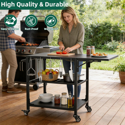 Outdoor Grill Prep Cart With Wheels and Shelves