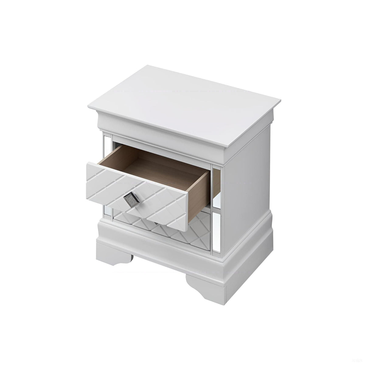 Accent nightstand two-drawer silver champagne with mirrored panels, top drawer open on Tampa Home & Garden Store