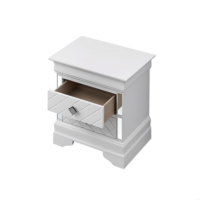 Accent nightstand two-drawer silver champagne with mirrored panels, top drawer open on Tampa Home & Garden Store
