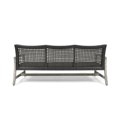 Outdoor Acacia Wood Wicker 3 Seater Sofa with dark brown weave and metal base on Tampa Home & Garden Store