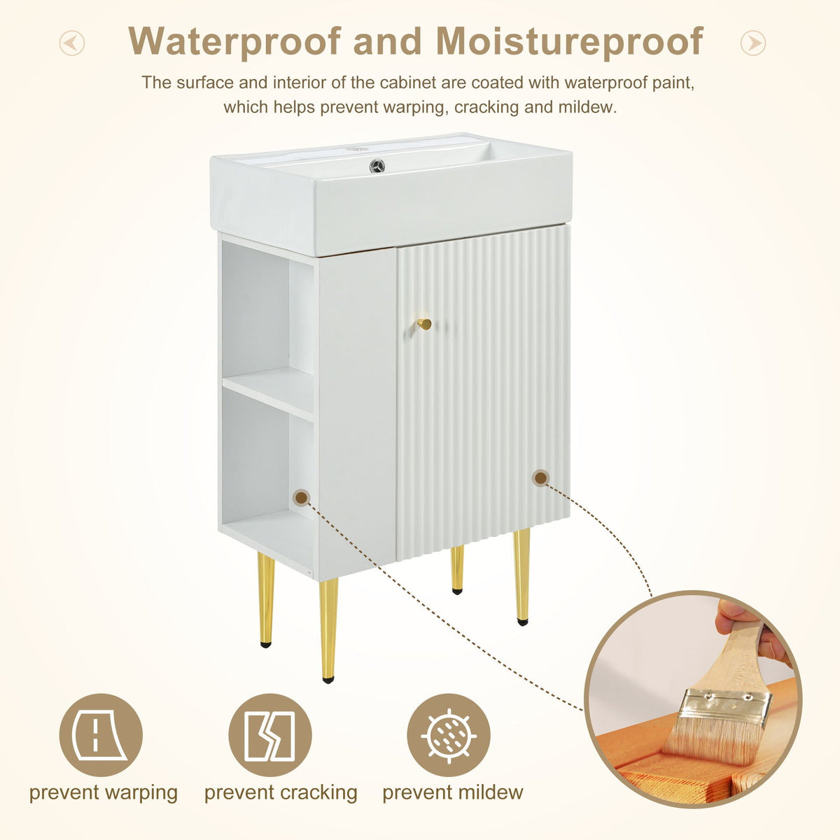 Bathroom vanity with single ceramic sink, white finish, ribbed front panel, shelves, gold legs on Tampa Home & Garden Store