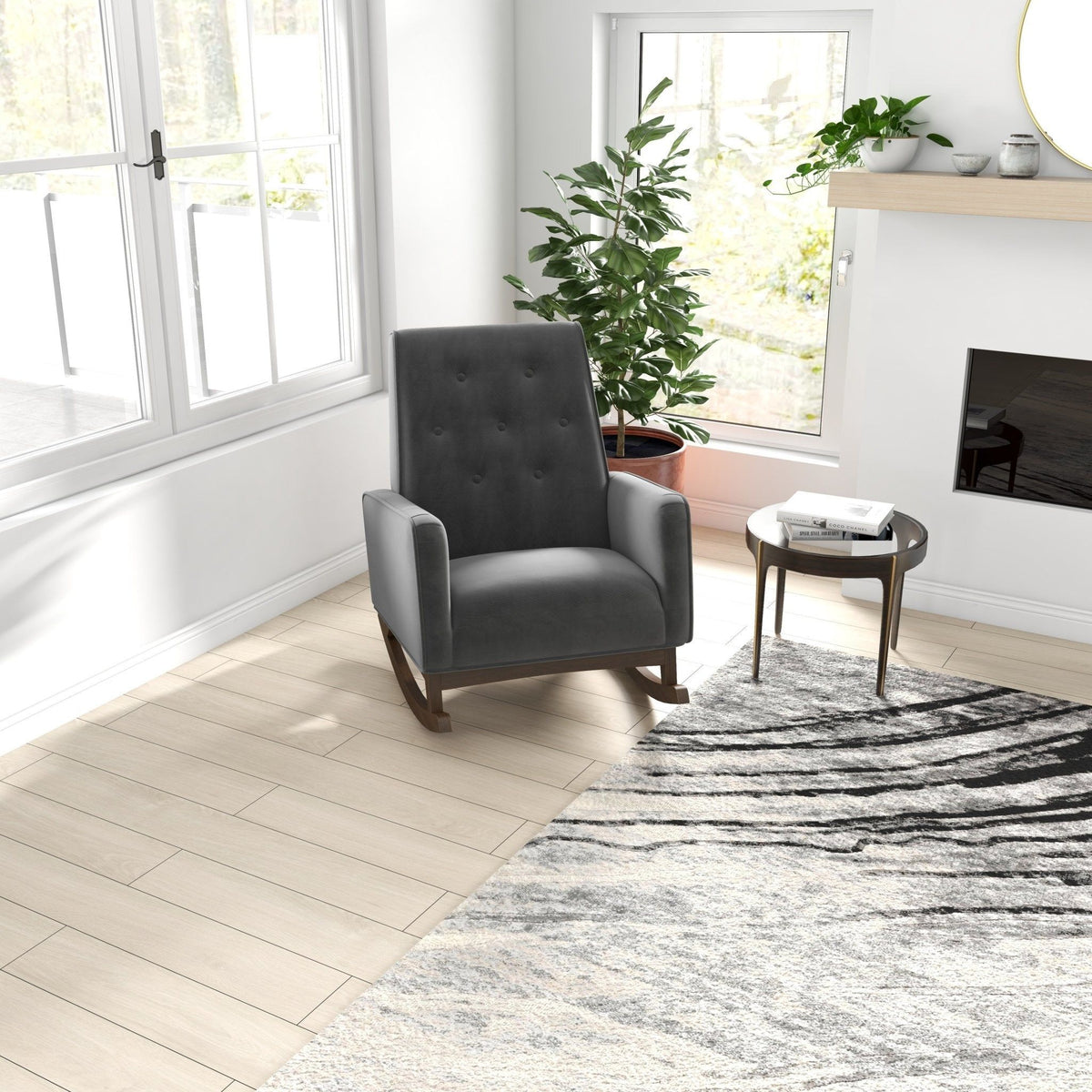 Mid-Century Modern Rocking Chair in dark gray with foam cushion and wooden rockers on Tampa Home & Garden Store