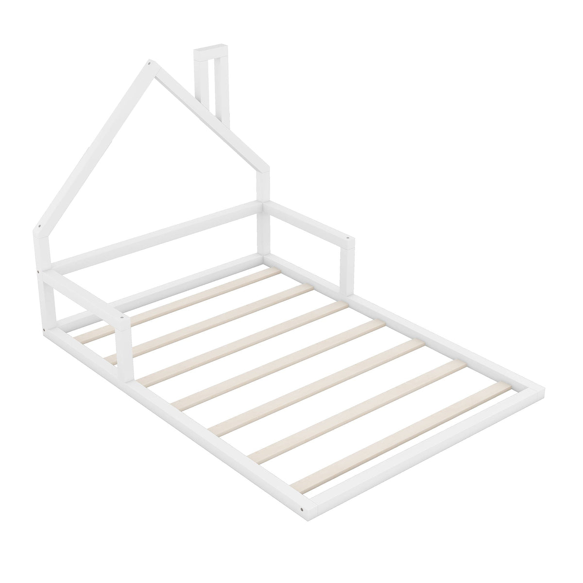 Elegant White Floor Bed Frame With House-Shaped Headboard and natural wood slats on Tampa Home & Garden Store