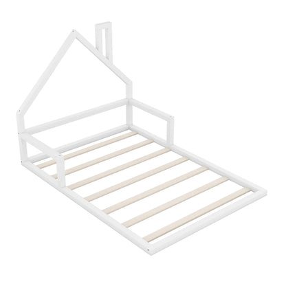 Elegant White Floor Bed Frame With House-Shaped Headboard and natural wood slats on Tampa Home & Garden Store