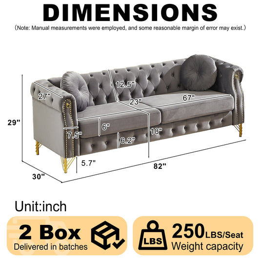 82-Inch Velvet Chesterfield Sofa gray velvet with tufted back and gold legs by HouseOfZazla on Tampa Home & Garden Store