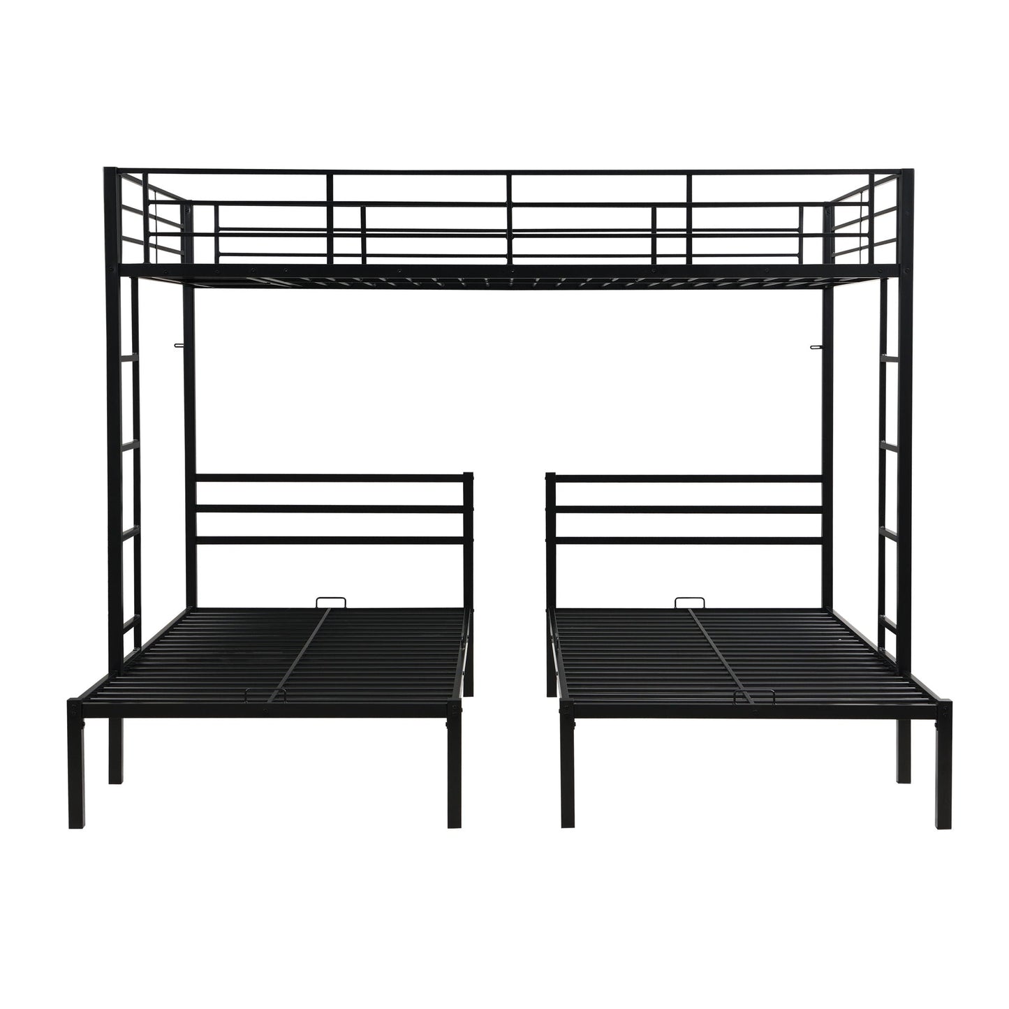 Modern black metal triple bunk bed frame with vertical ladders and guard rails on Tampa Home & Garden Store