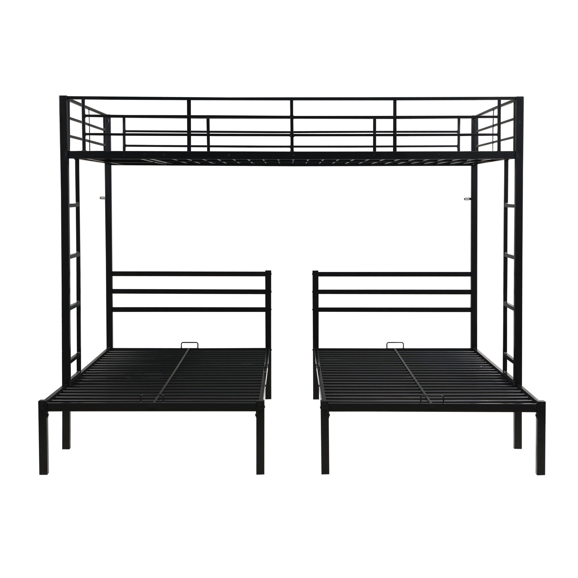 Modern black metal triple bunk bed frame with vertical ladders and guard rails on Tampa Home & Garden Store