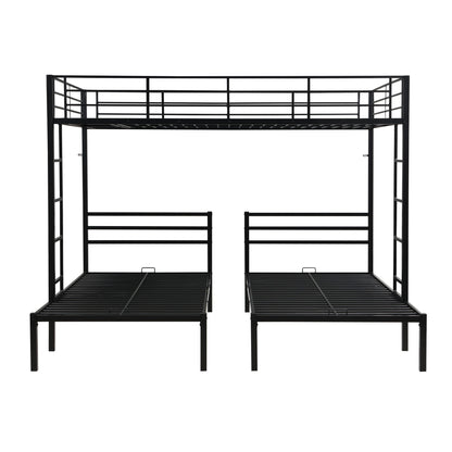 Modern black metal triple bunk bed frame with vertical ladders and guard rails on Tampa Home & Garden Store