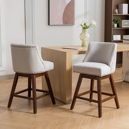 Counter height swivel bar stools set of 2 in gray fabric with nailhead trim and dark wood legs on Tampa Home & Garden Store
