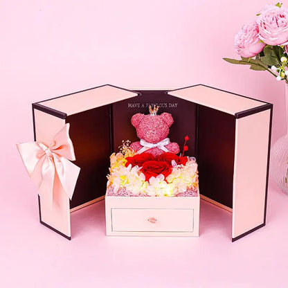 Little Bear Preserved Fresh Flower Gift Box pink bear with red roses in a pink and cream box on Tampa Home & Garden Store