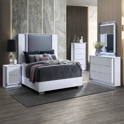 Moon panel bed with LED accent headboard and white mirrored nightstands by Unique Piece Furniture on Tampa Home & Garden Store