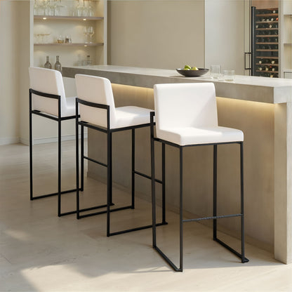 High back barstool set in white upholstery with black metal frames, 4 stools at island on Tampa Home & Garden Store