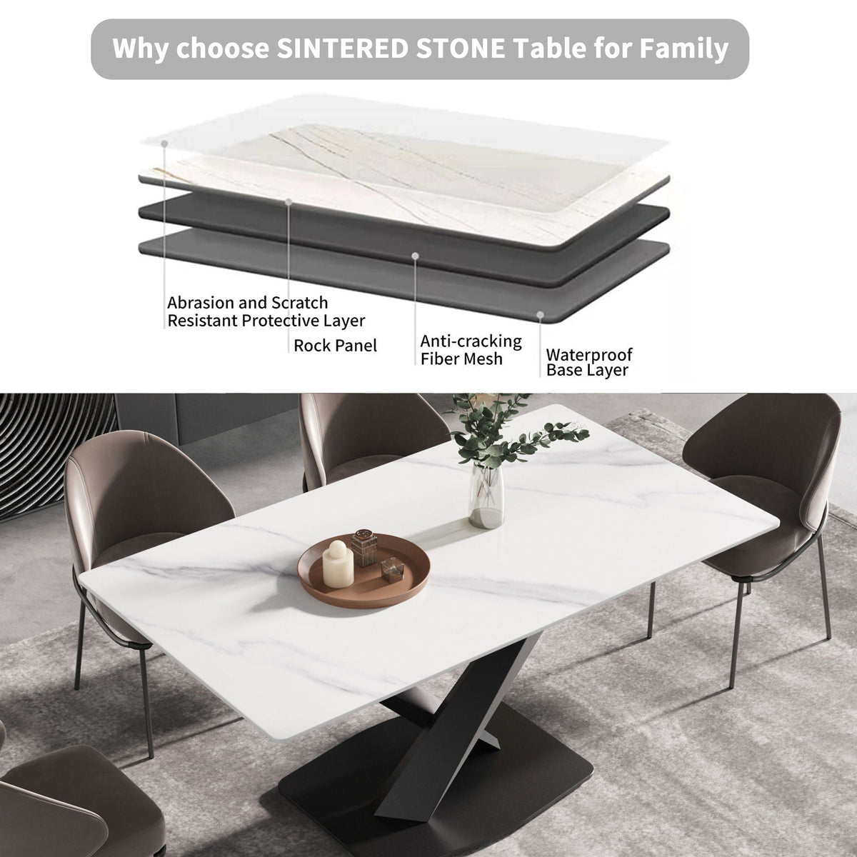 Modern artificial stone dining table with white top and black metal X-leg HouseOfZazla on Tampa Home & Garden Store