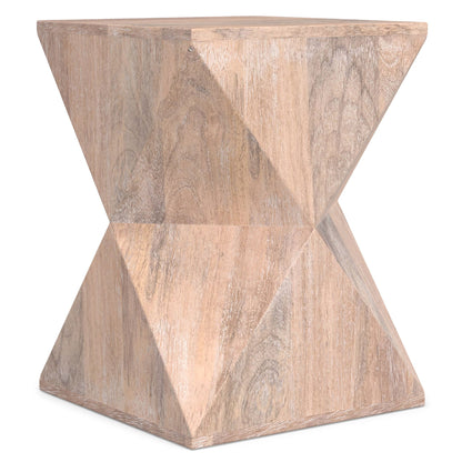 Natural mango wood side table with a modern geometric faceted silhouette on Tampa Home & Garden Store