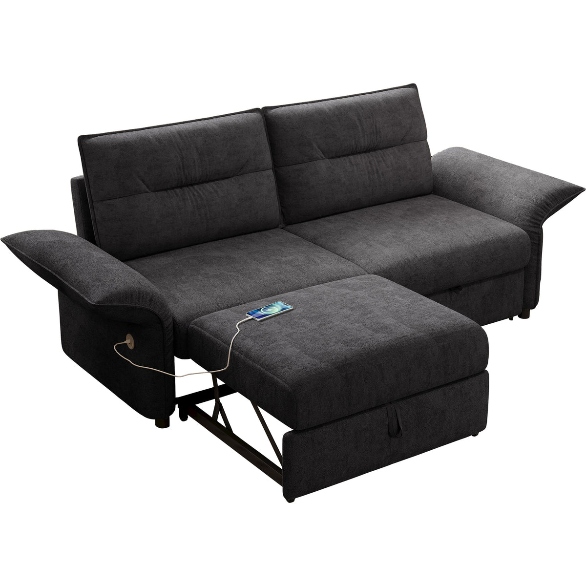 Grey plush fabric sofa bed with chaise and adjustable back cushions, 85-inch convertible design on Tampa Home & Garden Store