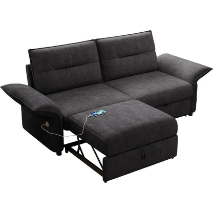 Grey plush fabric sofa bed with chaise and adjustable back cushions, 85-inch convertible design on Tampa Home & Garden Store