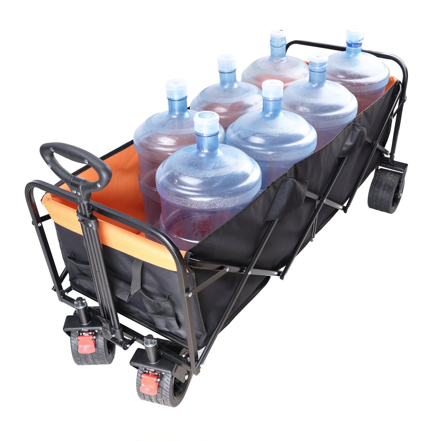 Big Large Capacity Folding Wagon Cart with Extender in black orange, loaded with 7 water jugs on Tampa Home & Garden Store