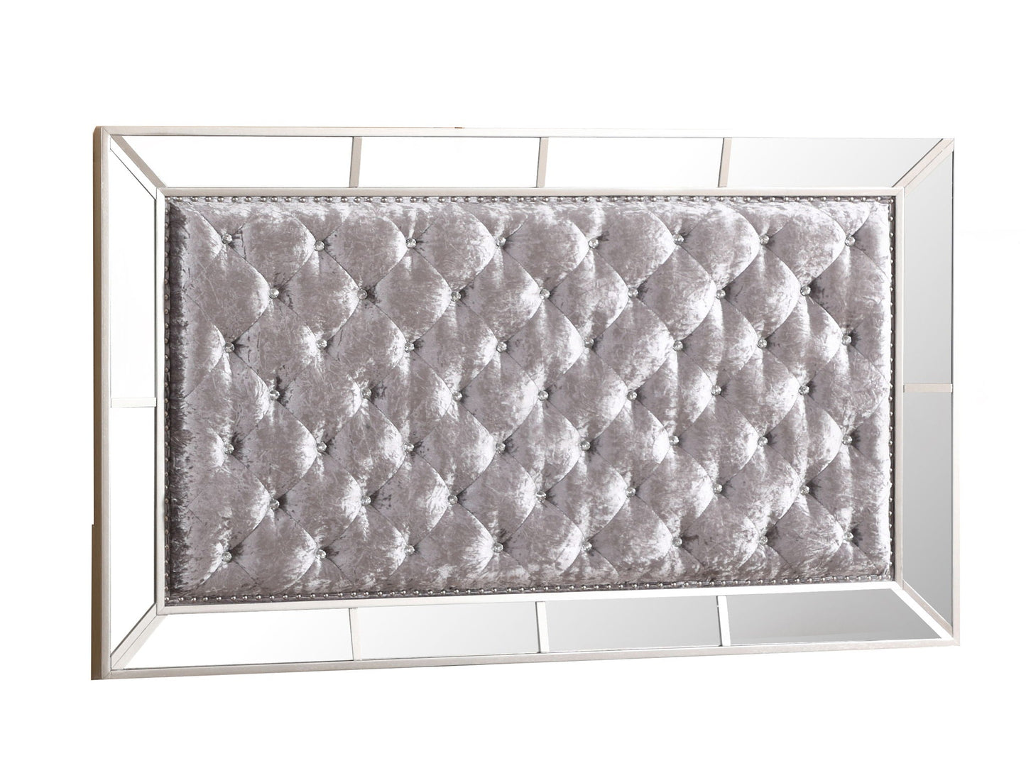 Panel bed headboard by HouseOfZazla in silver velvet with diamond tufting and mirrored frame on Tampa Home & Garden Store