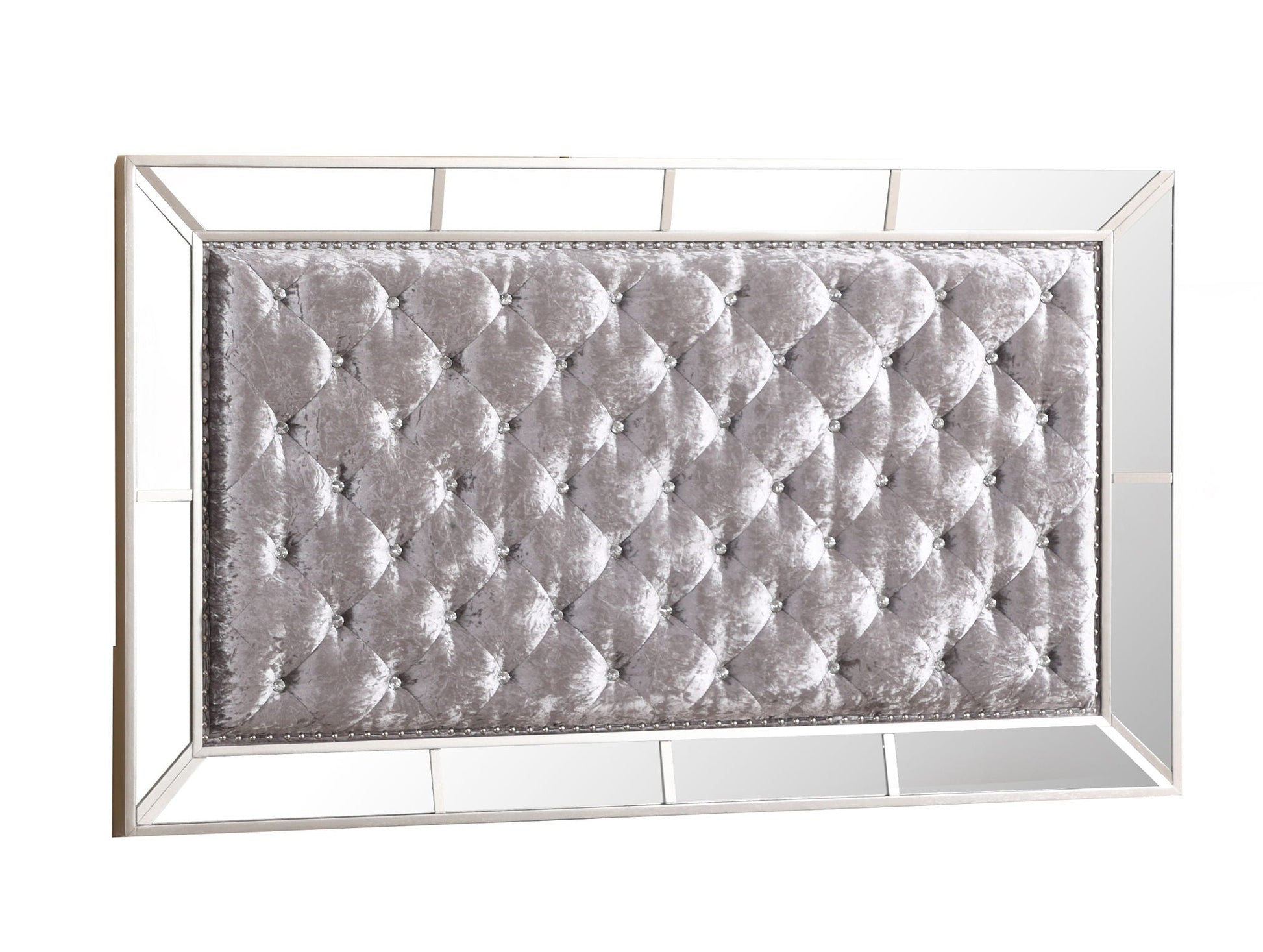 Panel bed headboard by HouseOfZazla in silver velvet with diamond tufting and mirrored frame on Tampa Home & Garden Store