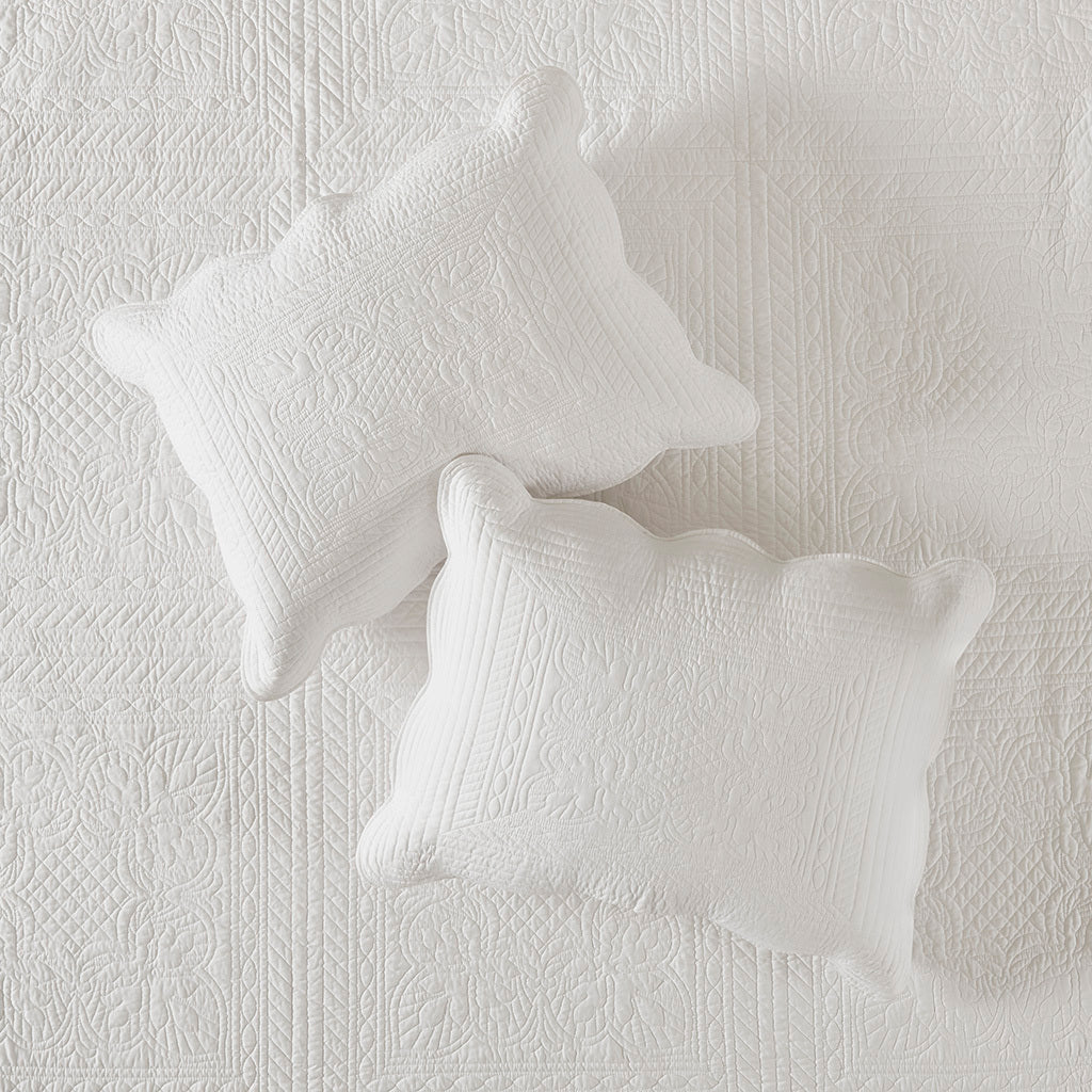 3 Piece Reversible Scalloped Edge Quilt Set White King/Cal King with 2 scalloped pillows on quilt on Tampa Home & Garden Store