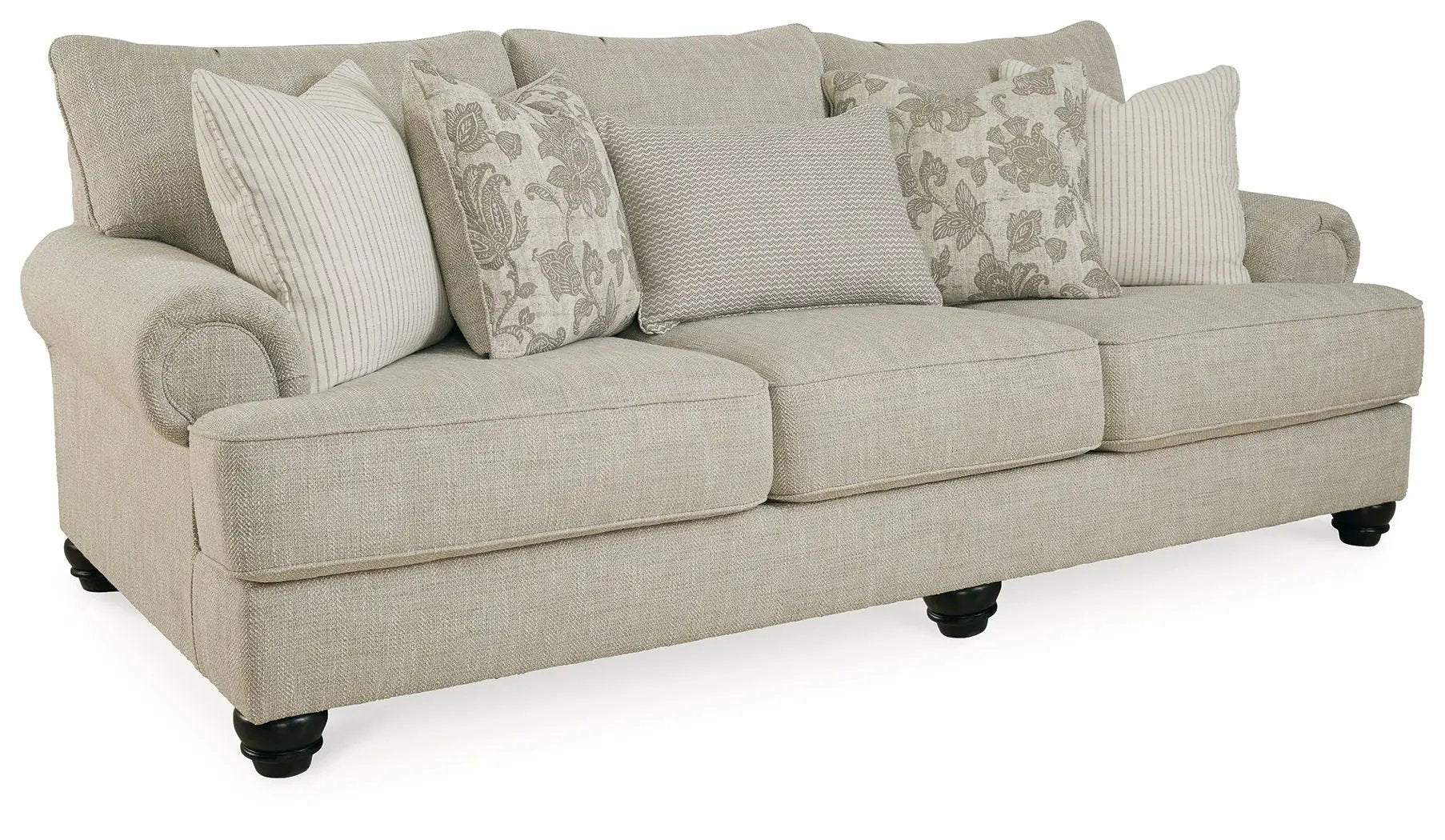 Asanti Sofa Fog, beige stationary sofa with pillows by Unique Piece Furniture on Tampa Home & Garden Store