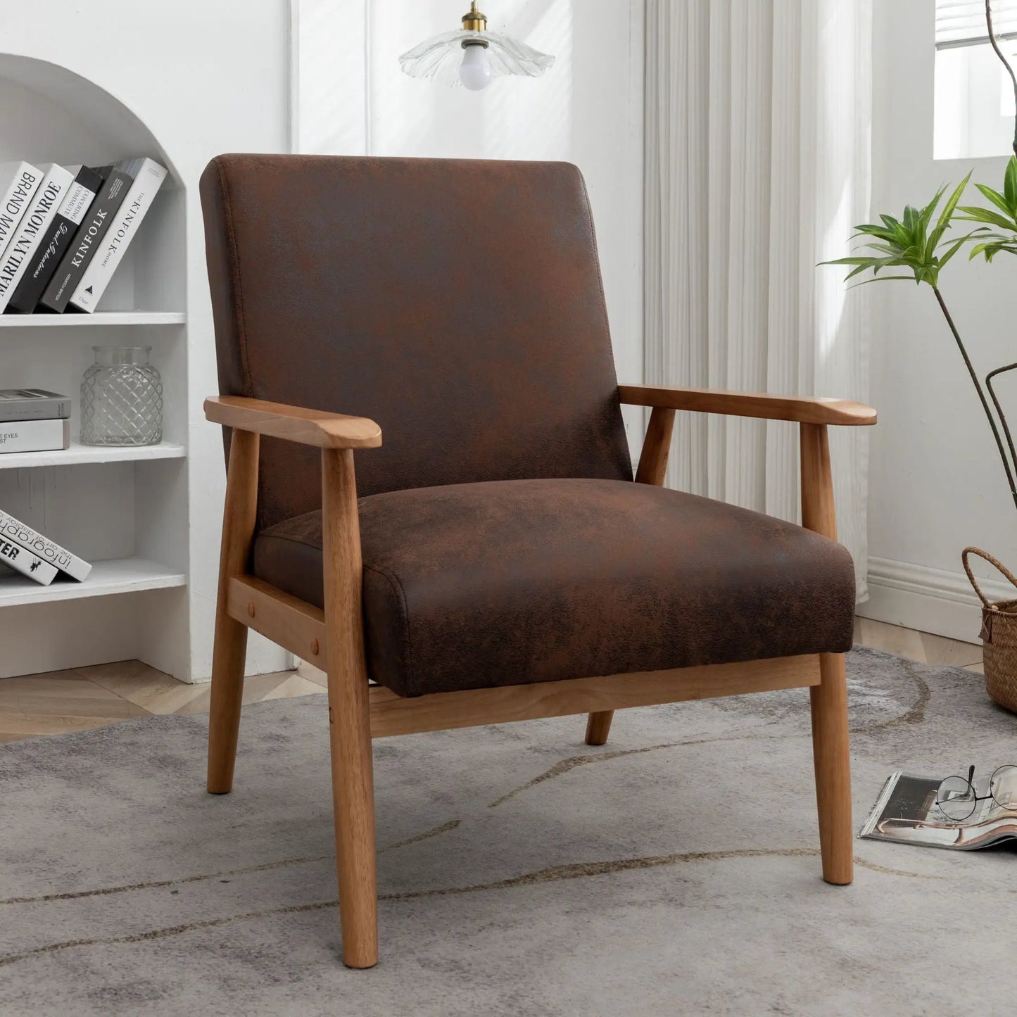 Brown Wide Arm Chair Solid Wood Frame Upholstery