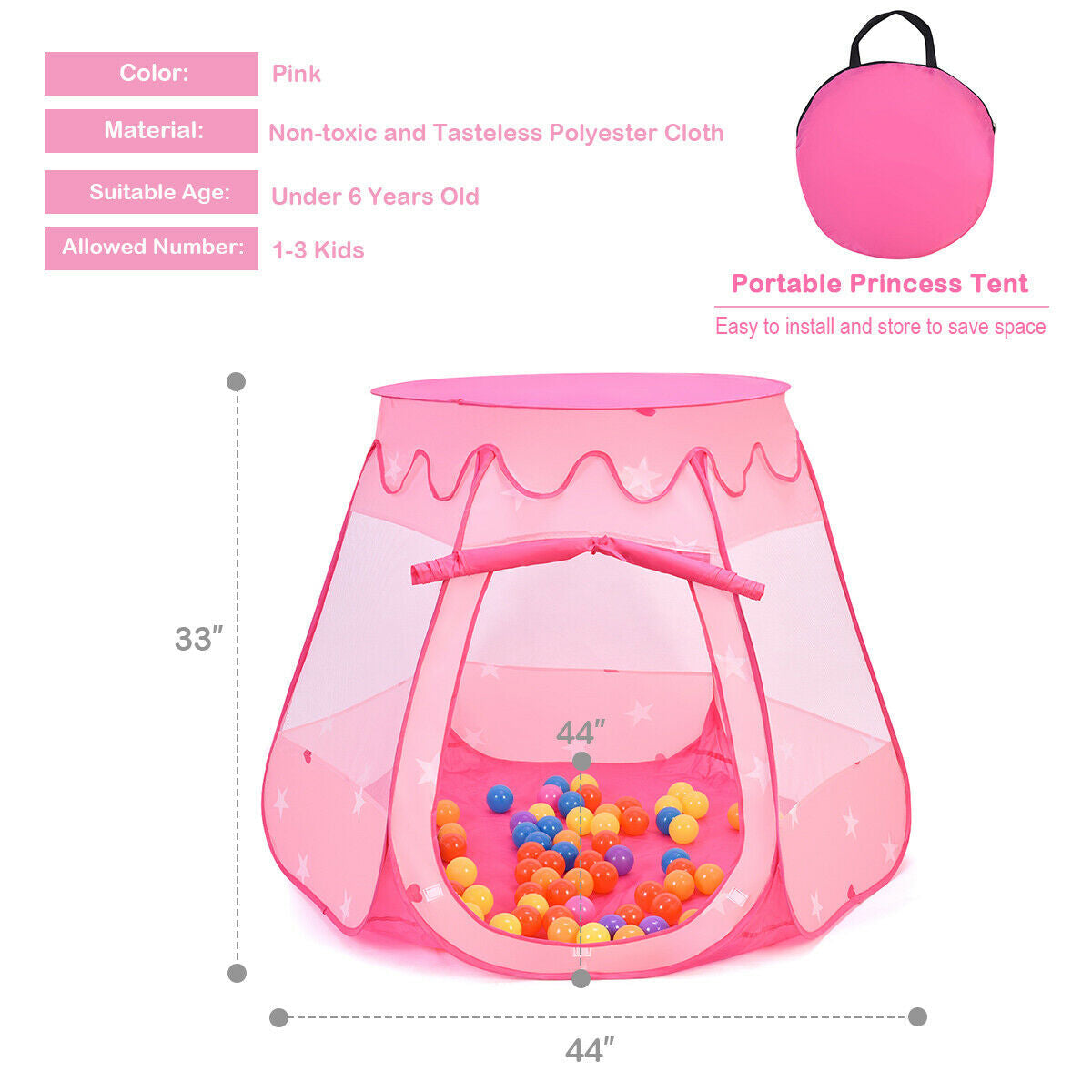 Pink Portable Kids Play Tent with 100 balls by GemGear, 44x33 in, mesh walls on Tampa Home & Garden Store