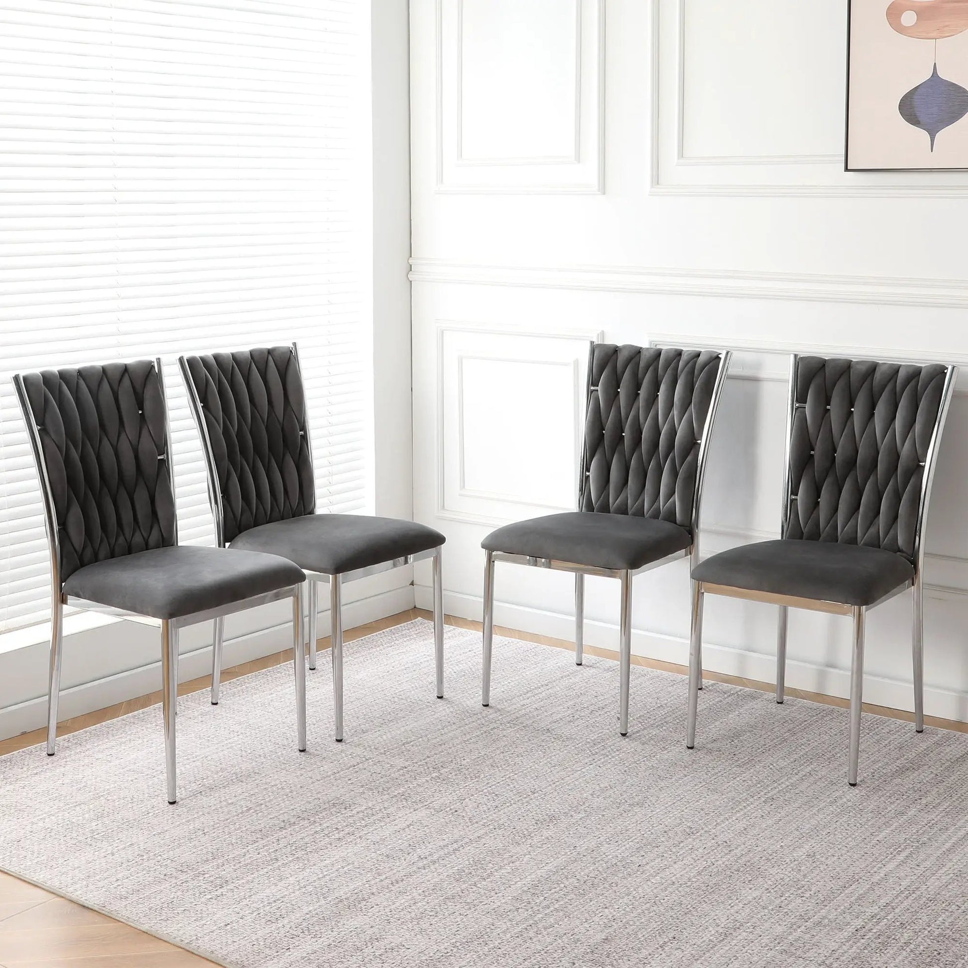 Modern dining chair set with five gray tufted seats and chrome legs by Unique Piece Furniture on Tampa Home & Garden Store