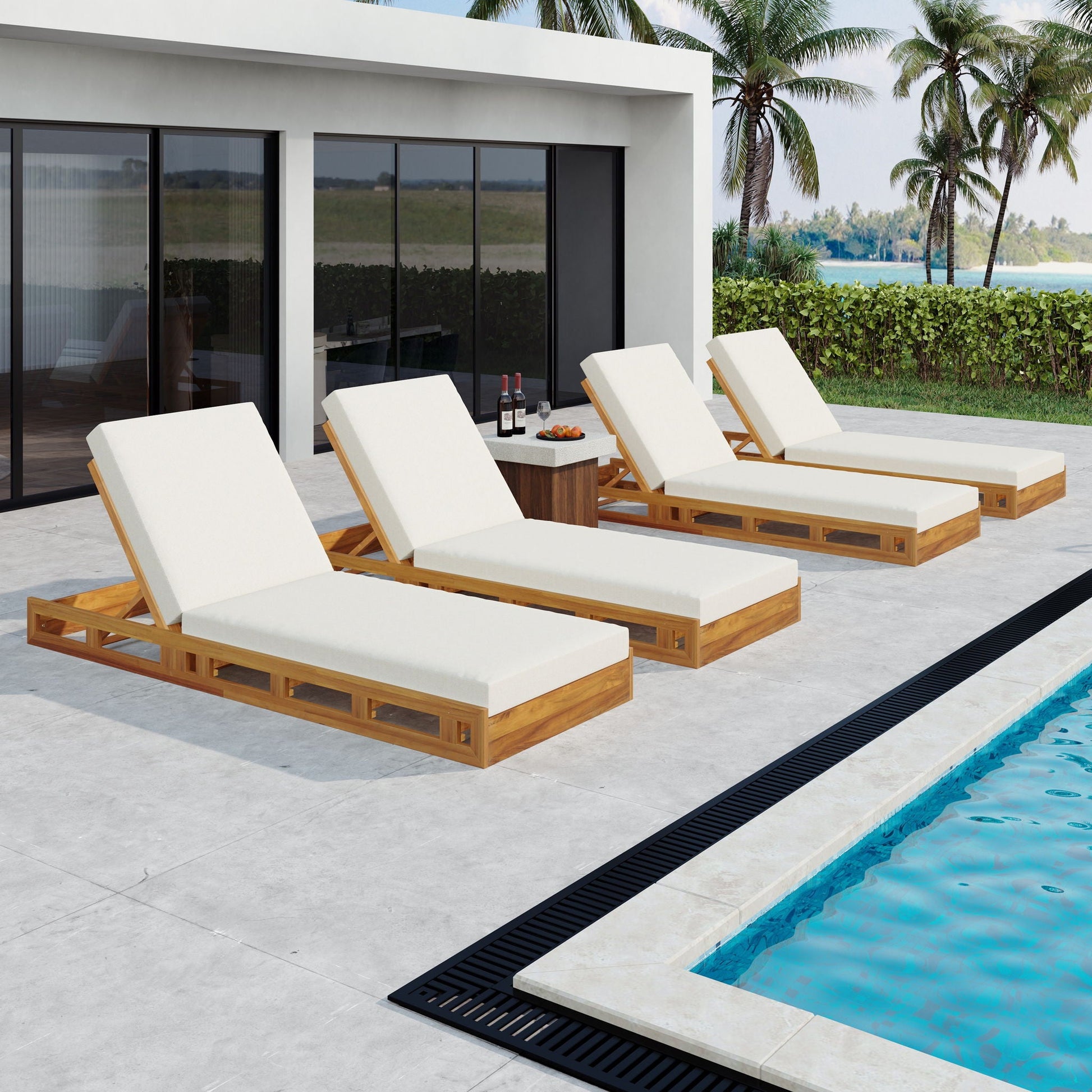 Acacia wood sunlounger set with cream cushions, adjustable recline by poolside on Tampa Home & Garden Store