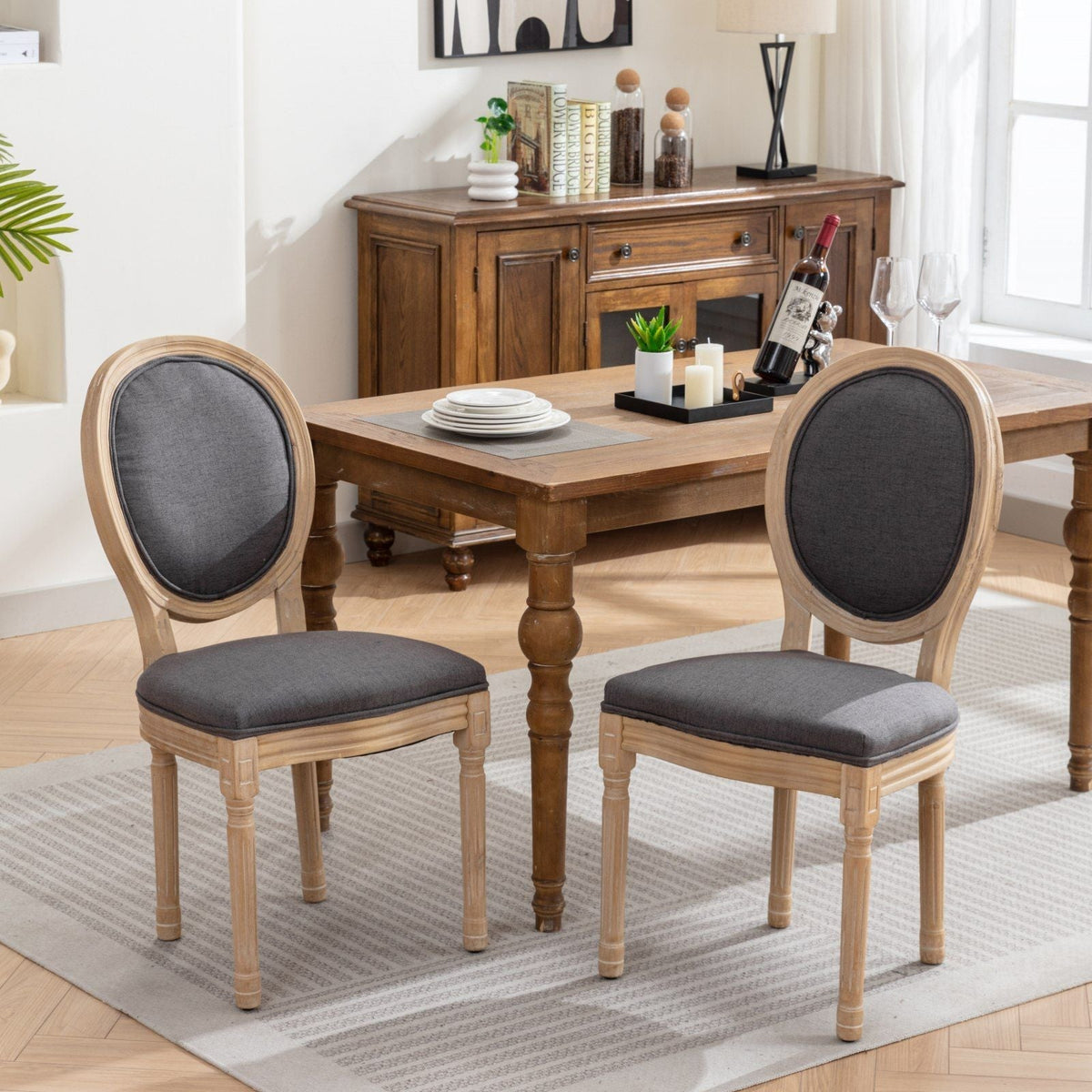 French Style solid wood dining chair set with dark gray fabric backs, 4 chairs on Tampa Home & Garden Store