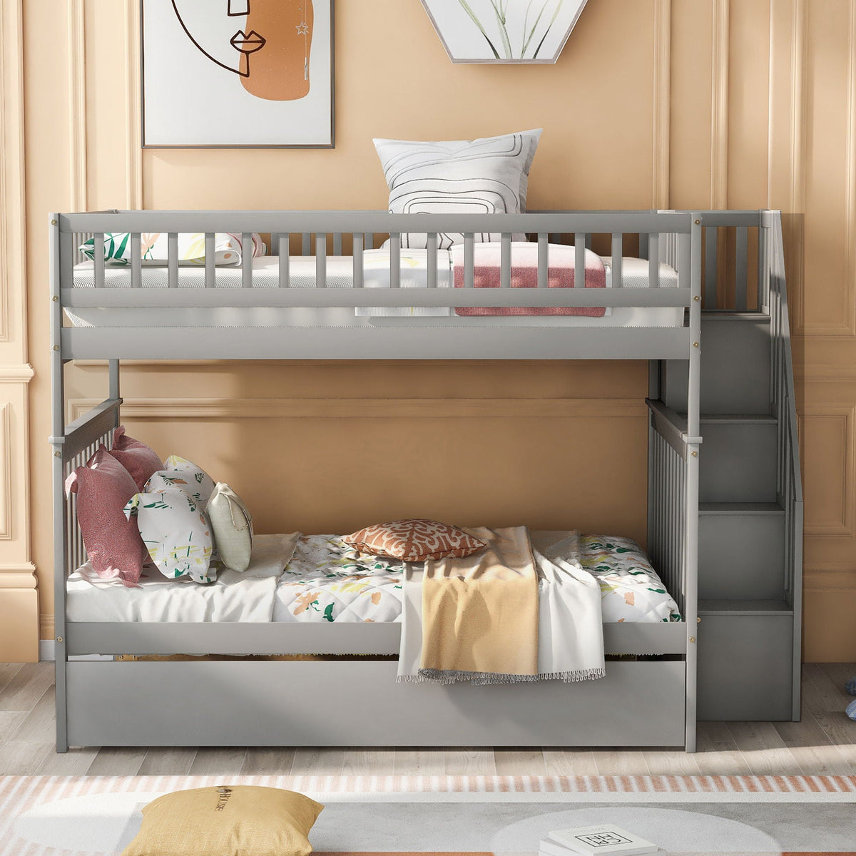 HouseOfZazla bunk bed with staircase, gray frame, two sleeping levels with soft bedding on Tampa Home & Garden Store