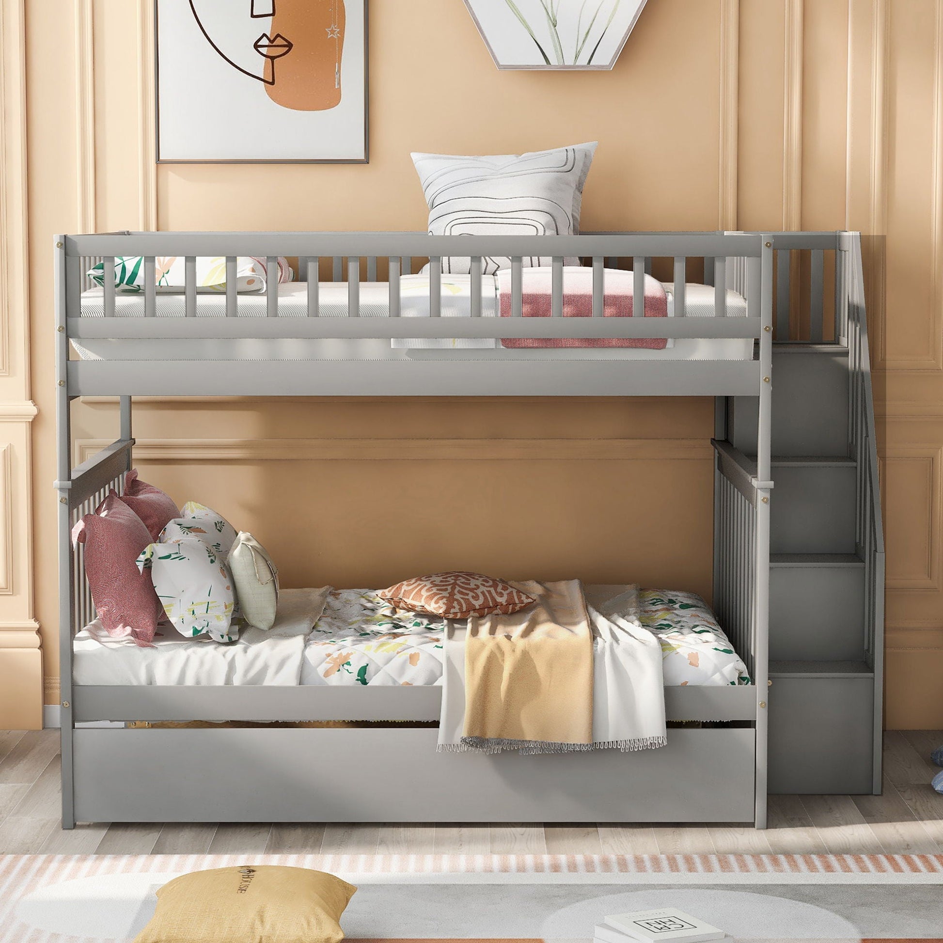 HouseOfZazla bunk bed with staircase, gray frame, two sleeping levels with soft bedding on Tampa Home & Garden Store