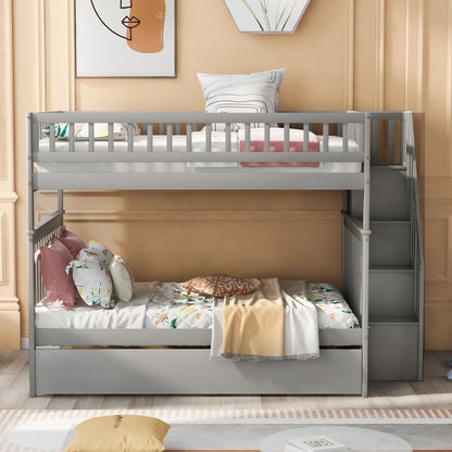 HouseOfZazla bunk bed with staircase, gray frame, two sleeping levels with soft bedding on Tampa Home & Garden Store