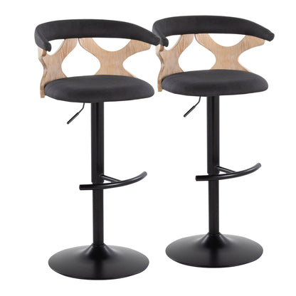 Barstool set of 2, contemporary adjustable with black fabric seats and natural wood curved backs on Tampa Home & Garden Store