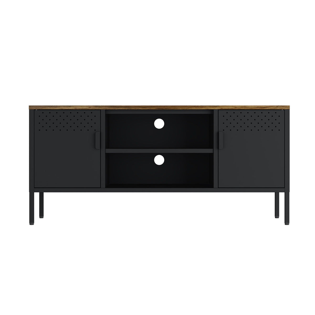 Storage cabinet TV stand with black steel frame, wood top, side cabinets and white-knob drawers on Tampa Home & Garden Store