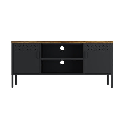 Storage cabinet TV stand with black steel frame, wood top, side cabinets and white-knob drawers on Tampa Home & Garden Store