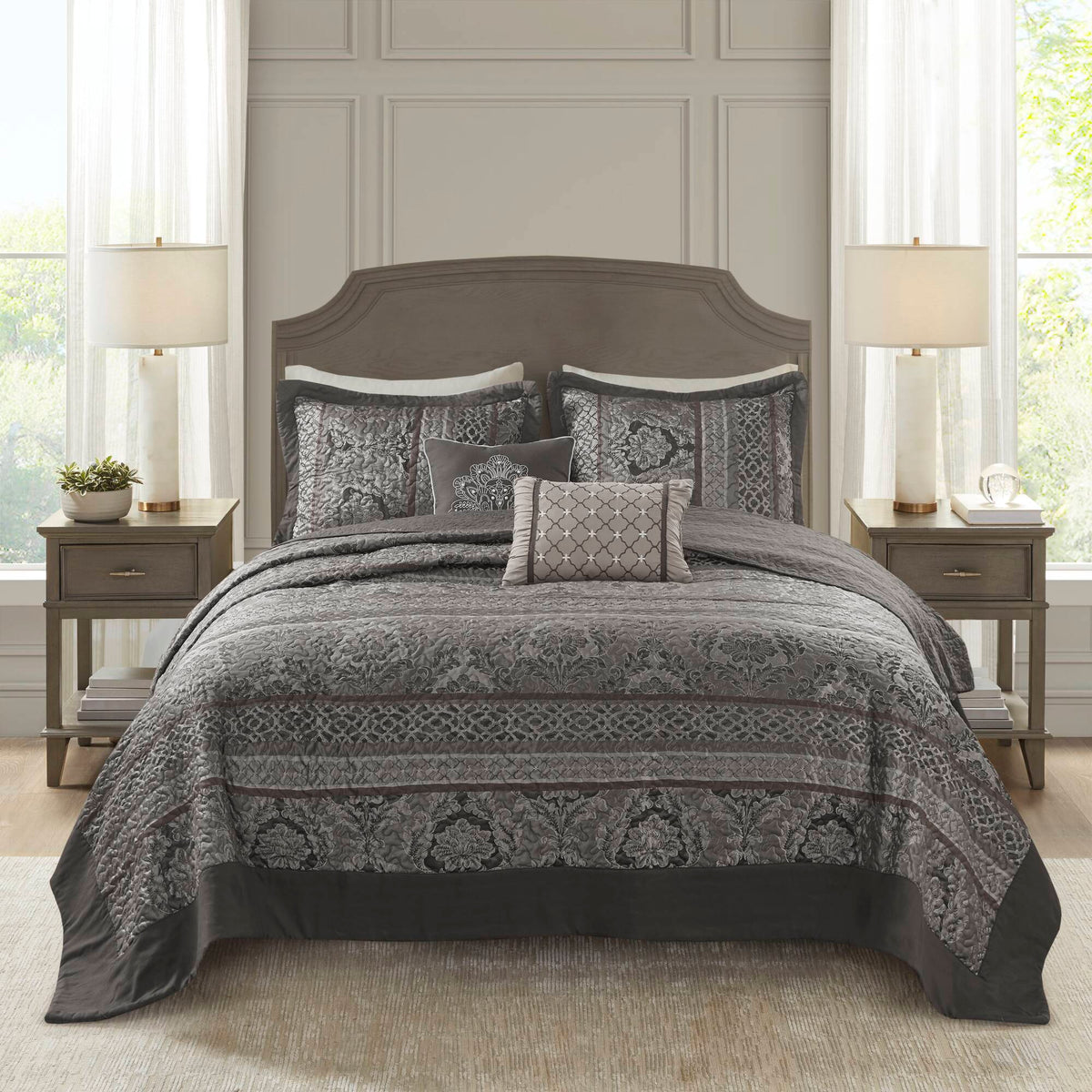 Reversible jacquard queen bedspread set by HouseOfZazla with decorative pillows in neutral gray on Tampa Home & Garden Store