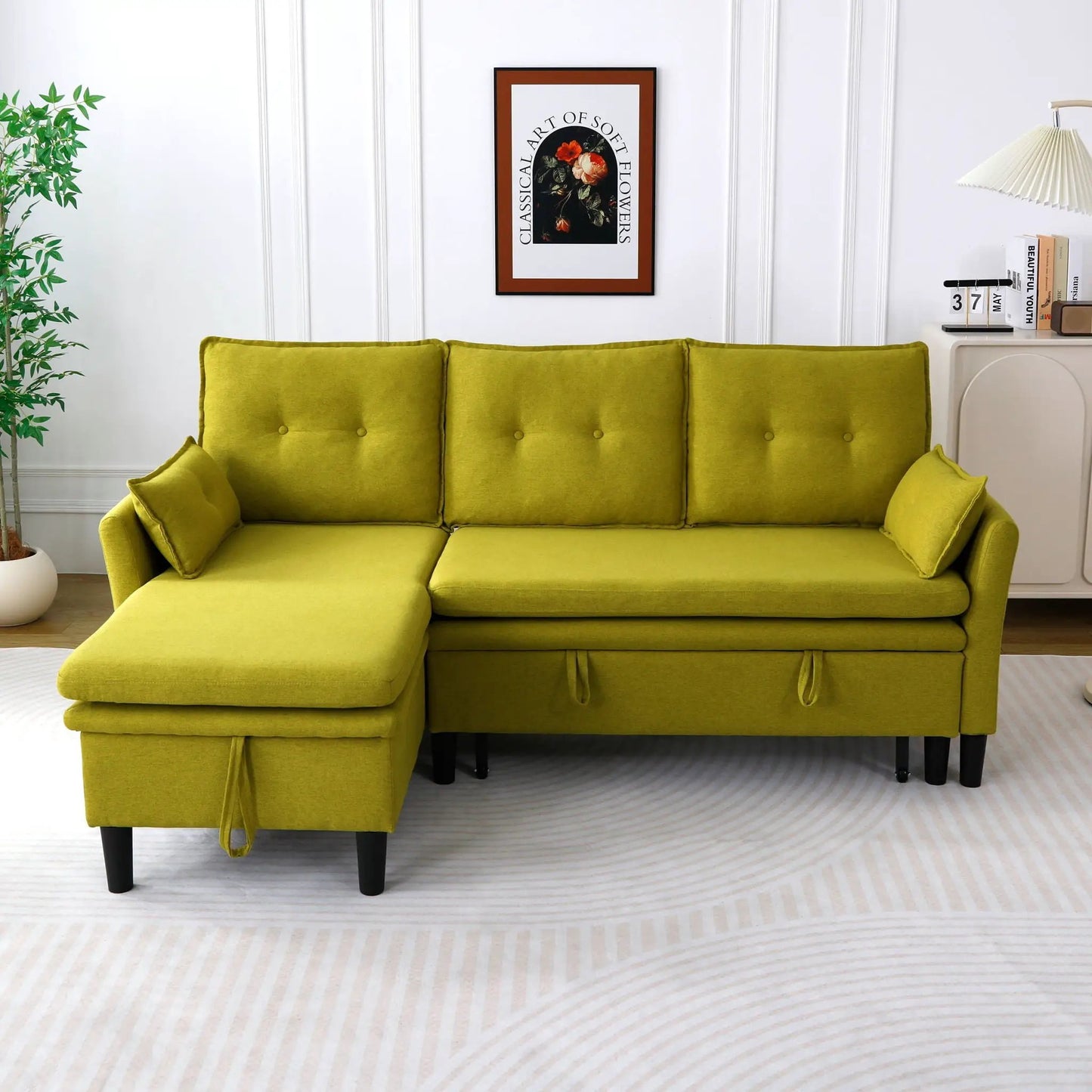 L-Shaped Reversible Chaise Sectional Sofa With Storage lime-yellow fabric black legs on Tampa Home & Garden Store