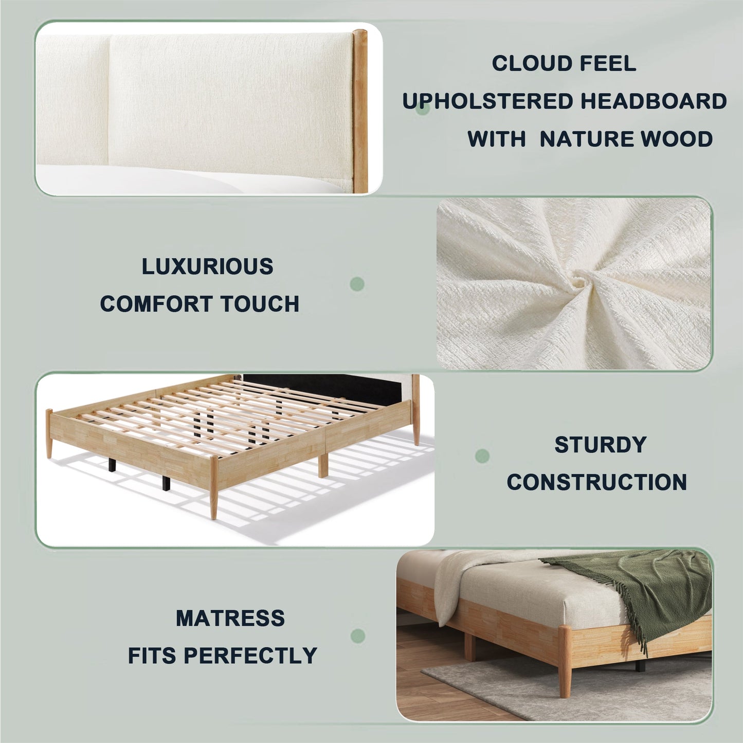 King Natural Wood Bed and Upholstered Headboard